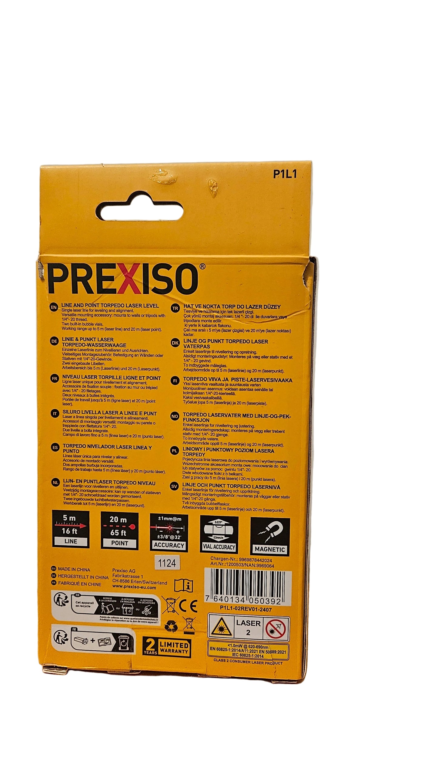 PREXISO P1L1 Linie & Punkt Laser Torpedo-Wasserwaage – B-Ware